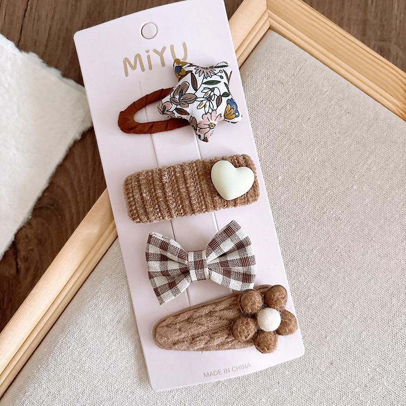 4pcs/set Beige Coffee Color Elegant Hair Clip for Young Kids Sweet Retro Floral Bow Children Barrettes Cute Hair Accessories