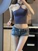Shorts in Denim Tagliati a Vita Bassa Millennial Blue da Donna
