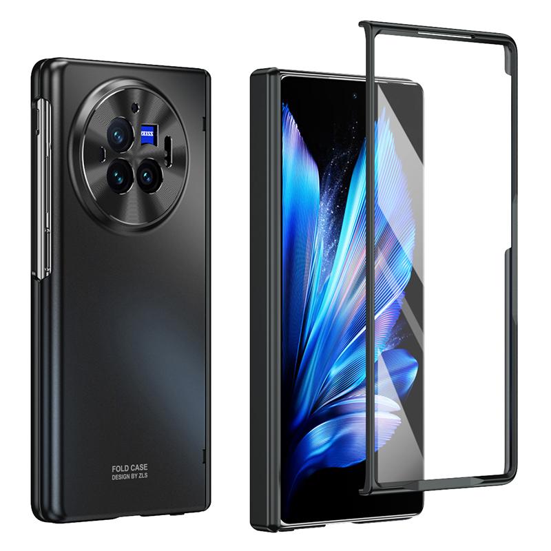

For vivo X Fold3 Pro Case PU Leather Coated PC Phone Cover with Tempered Glass Screen Film Black
