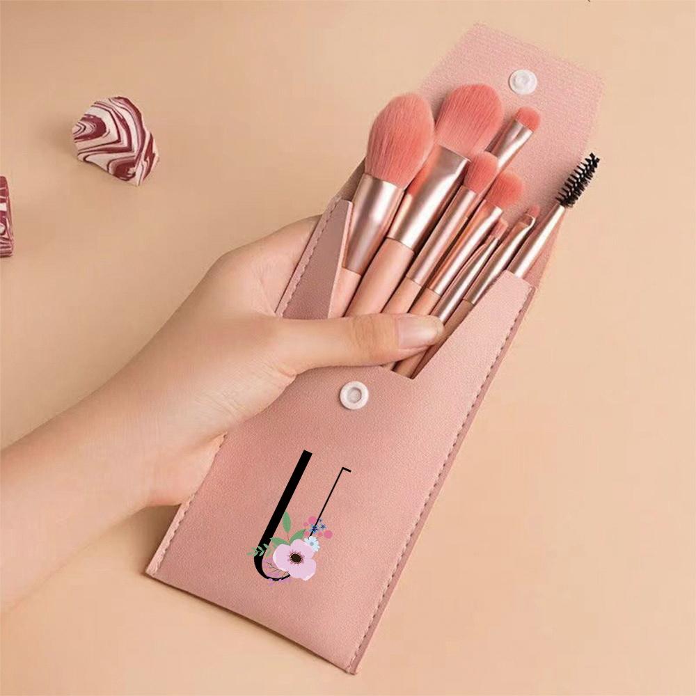Pink Makeup Brushes Set Soft Synthetic Hair Portable Powder Eyeshadow Brushes For Daily Use Flower And Black Pattern