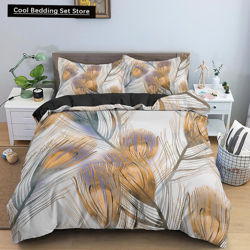 Feathers Duvet Cover Queen/King Size Boho Colorful Bird Feather Bedding Set Tropical Leaves 2/3pcs Polyester Comforter Cover
