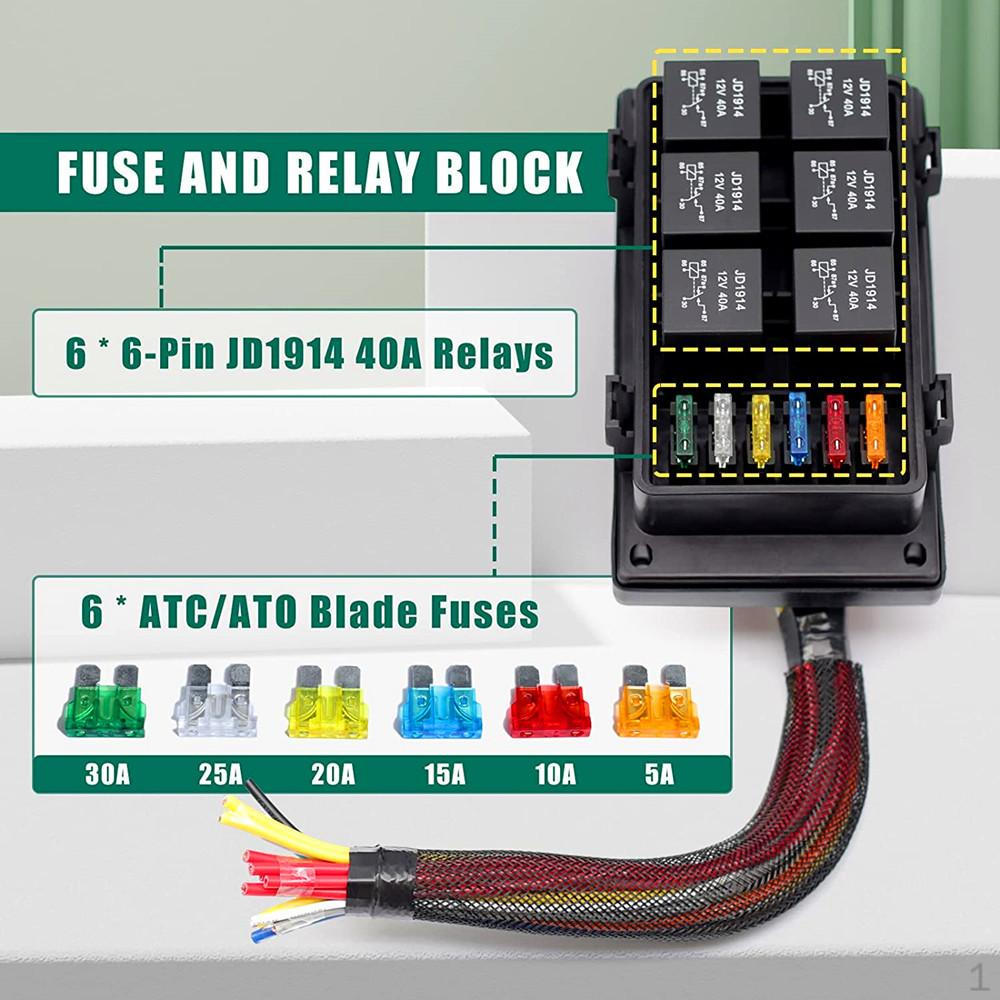 Fuse and Relay Box, 6 Way Atc/ato Block with Relay, Universal Holder Block, Pre-wires 12V4pin