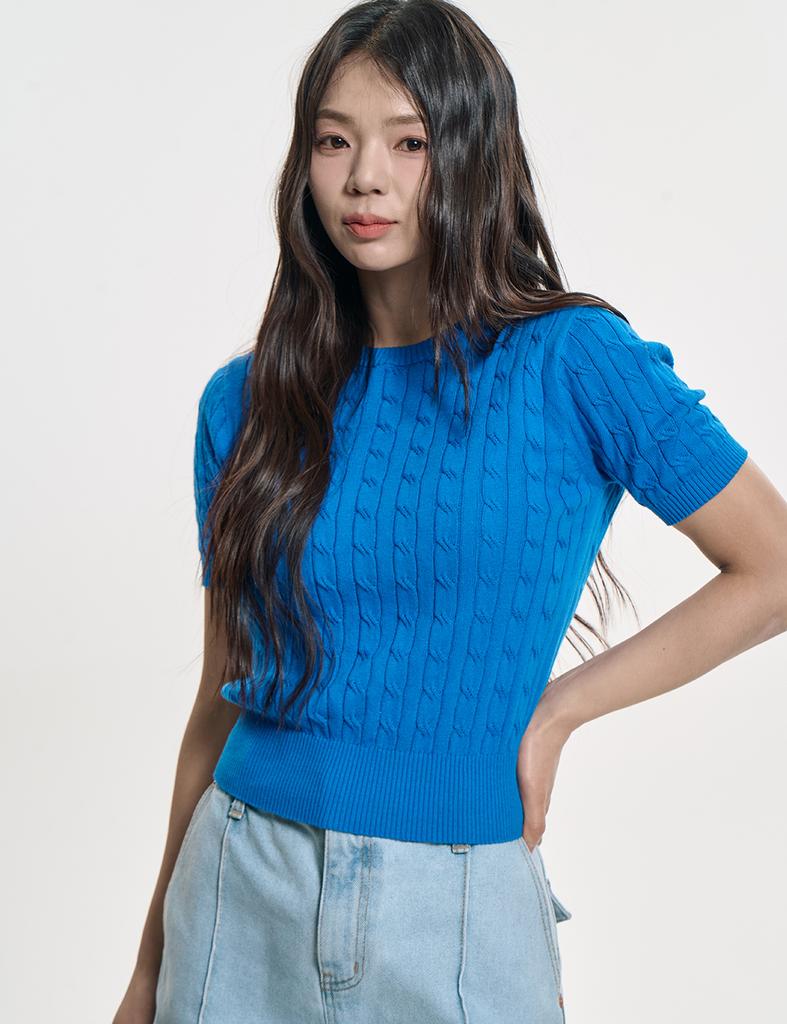 CLEVER FIELD Cable Cotton Crop Knit_Blue