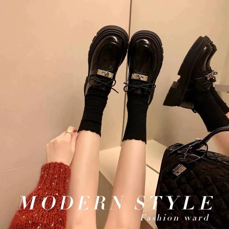 Cowhide Version~ Grape Mother Same New British Small Leather Shoes Women's Lace-up Single Shoes Thick Heel Thick Sole Muffin Loafers