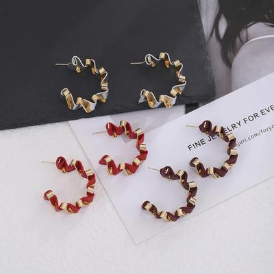 Silver Needle Ankola Red Leather Braided Hoop Earrings - Retro Hong Kong Style, Niche, Fashionable Versatile Contrast Temperament.