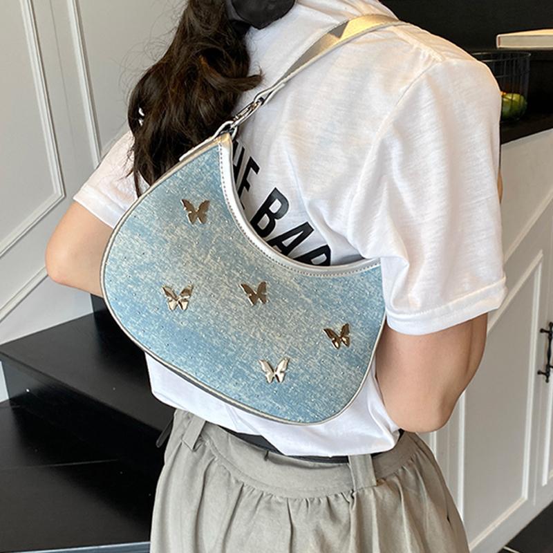Personalisierte Metall Schmetterling Pailletten Ein Schultertasche für Damen Sommer Neu Denim Halbmond Achseltaschen Vielseitige Umhängetasche