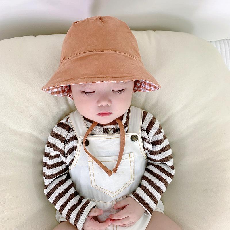 Double Sided Plaid Baby Bucket Hat Summer Cotton Infant Sun Visor Cap Korean Solid Color Reversible Kids Fisherman Caps Bonnet