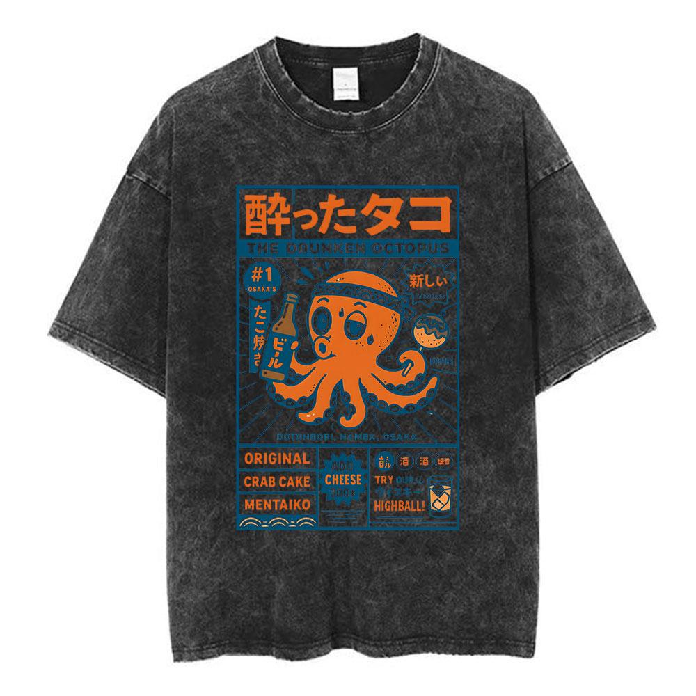 Vintage Washed Osaka Dotonbori Drunken Octopus Takoyaki Funny T Shirts Men Women Retro Japanese Style Oversized Cotton TShirts