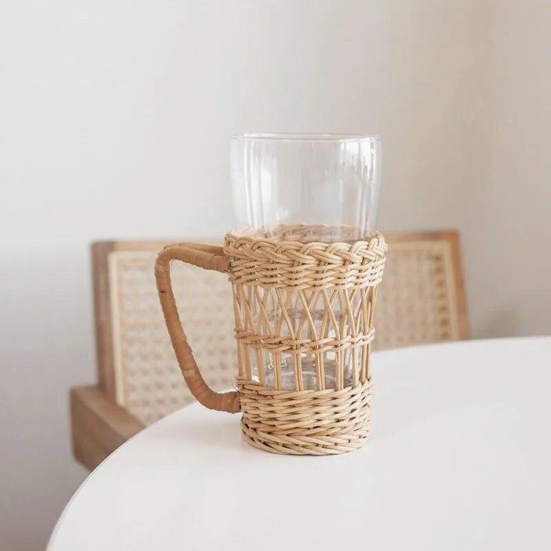 Rattan Woven Glass Water Cup Cover Handle Protection Holder Case