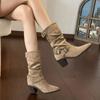 Pointed Thick Heel Temperament Short Boots Women's New Belt Buckle Martin Boots Temperament Medium Tube Stack Boots