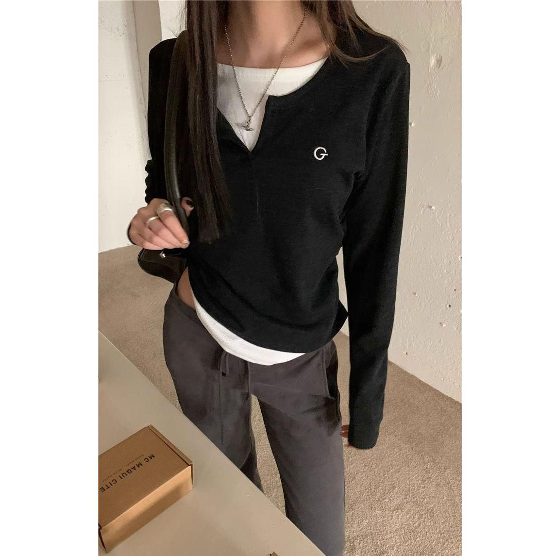

Women s Korean Faux Two-Piece Long-Sleeve Top – Sweet & Stylish Grey Slim-Fit T-Shirt for Autumn/Winter S чёрный