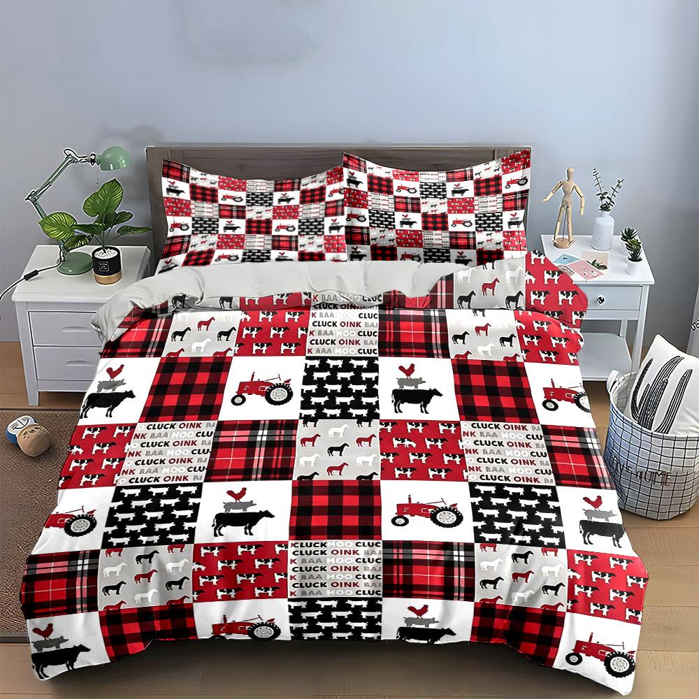 Farm Animal Buffalo Plaid Bedding Set 3pcs,Cow & Tractor Print Duvet Cover,Rustic Country Bed Linen for Kids Bedroom,Home Decor 135x200cm