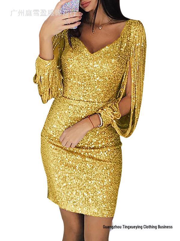 New Sexy Sequin Tassel Nightclub Party Dress with Long Sleeves