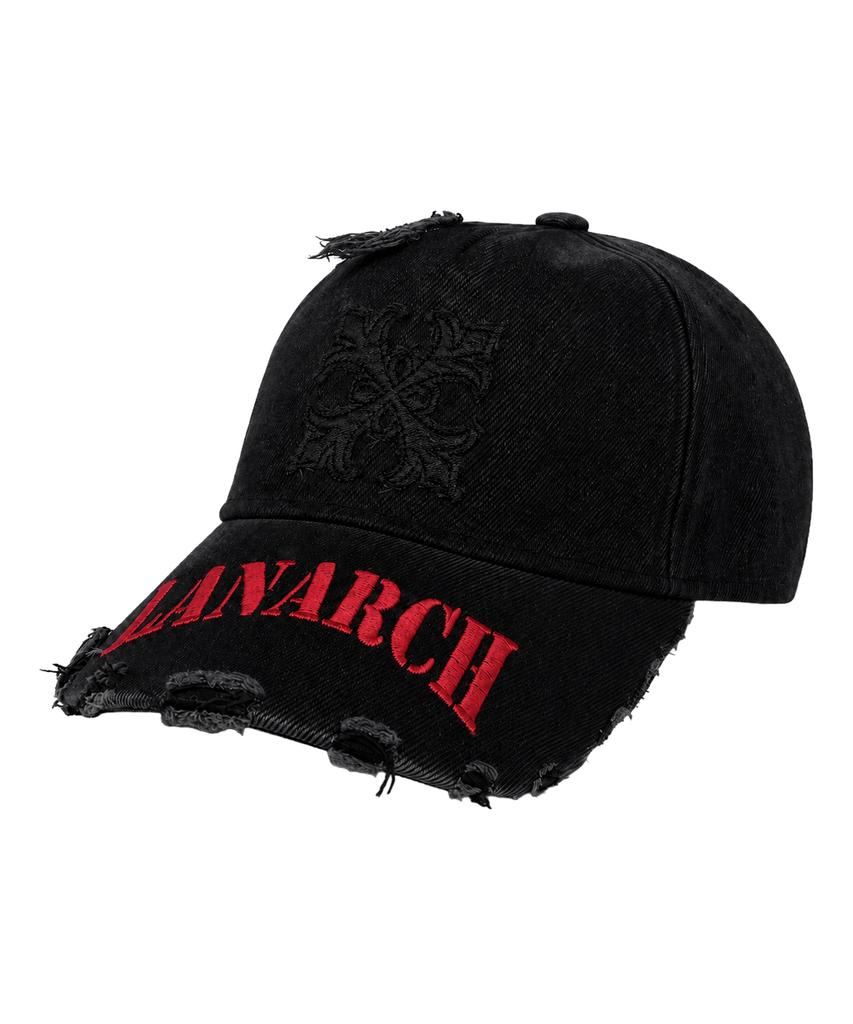 LANARCHIVE [8017] Leather Applique Vintage Ball Cap - Black (Red)