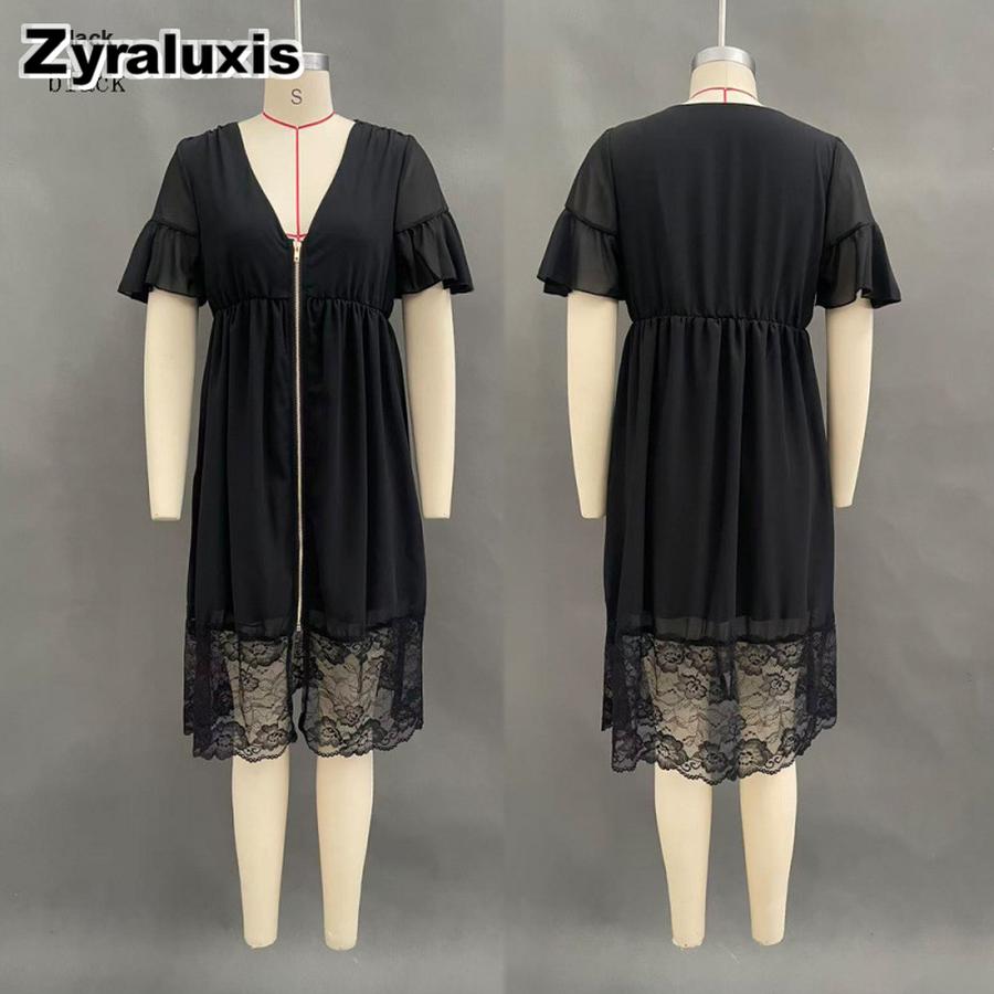 Women s Summer Fashion Solid V-Neck Zip Cardigan Lace Patchwork Dress S чёрный