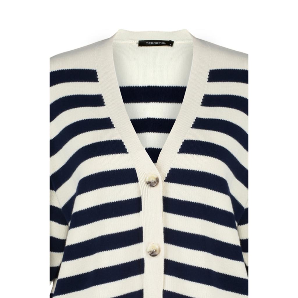 Stein Marineblau V-Ausschnitt Gestreifter Strickwaren-Cardigan Tctaw24th00034