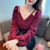 One-Shoulder V-Neck French Style Long Sleeve Layered Top for Women
