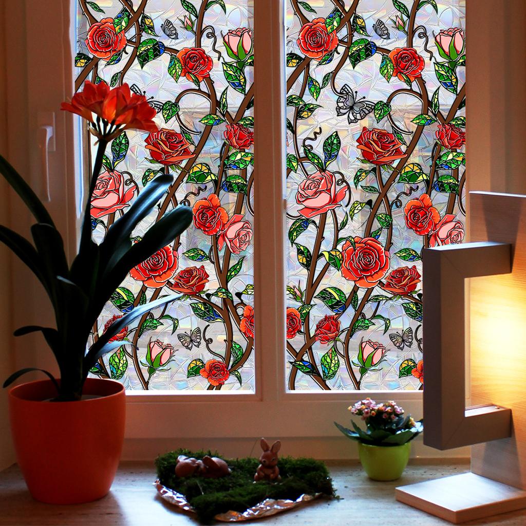 Xc2017-Kq Bunte Sonnenlicht Rosenranke Retro Fensteraufkleber Doppelseitiger Druck Visueller statischer Fensteraufkleber PVC