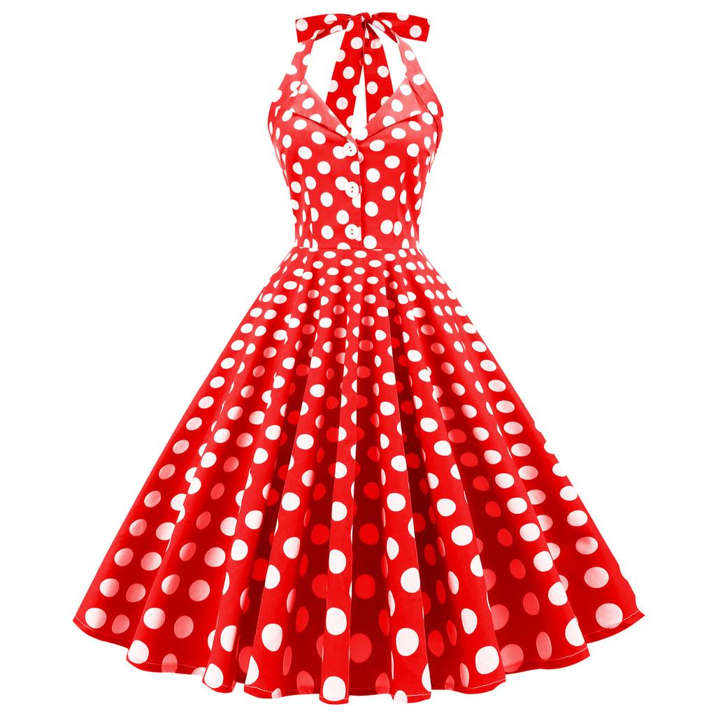 Vintage Dot Print Vneck Sleeveless Midlength Dress For Women