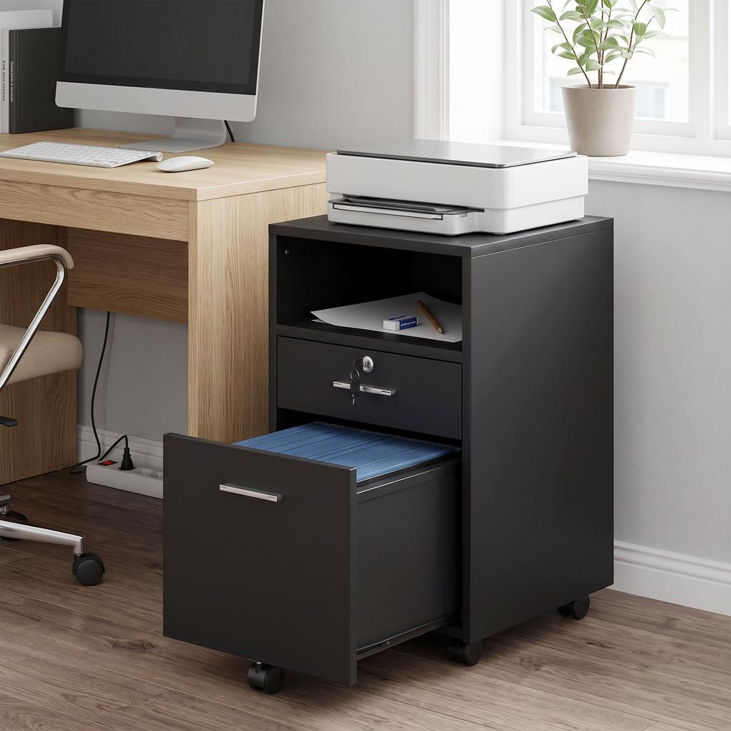 Office Cabinet Mobile Pedestal, 2 Drawers, One Drawer Lockable, 5 Casters, Black, 40 x 40 x 65 cm