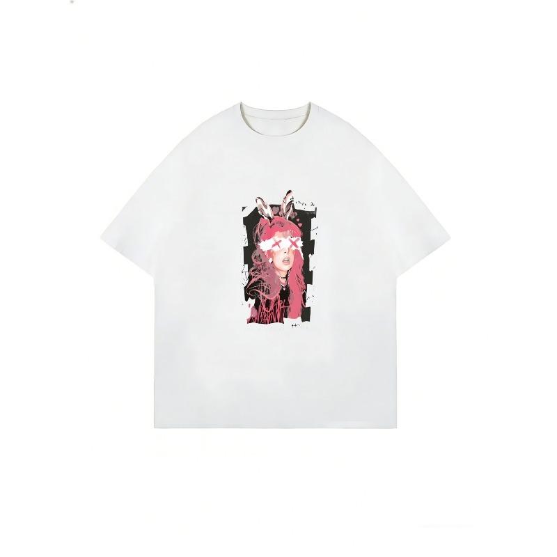 Oversized T-Shirt Black Anime Girl With Cat Ears And Pink Hair Graphic Print For Casual Streetwear Fashion