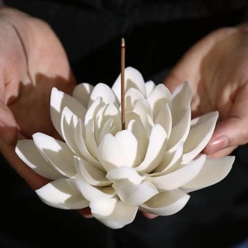White Lotus Ceramic Incense Burner – Porcelain Flower Incense Stick for Meditation, Tea Room & Home Decor