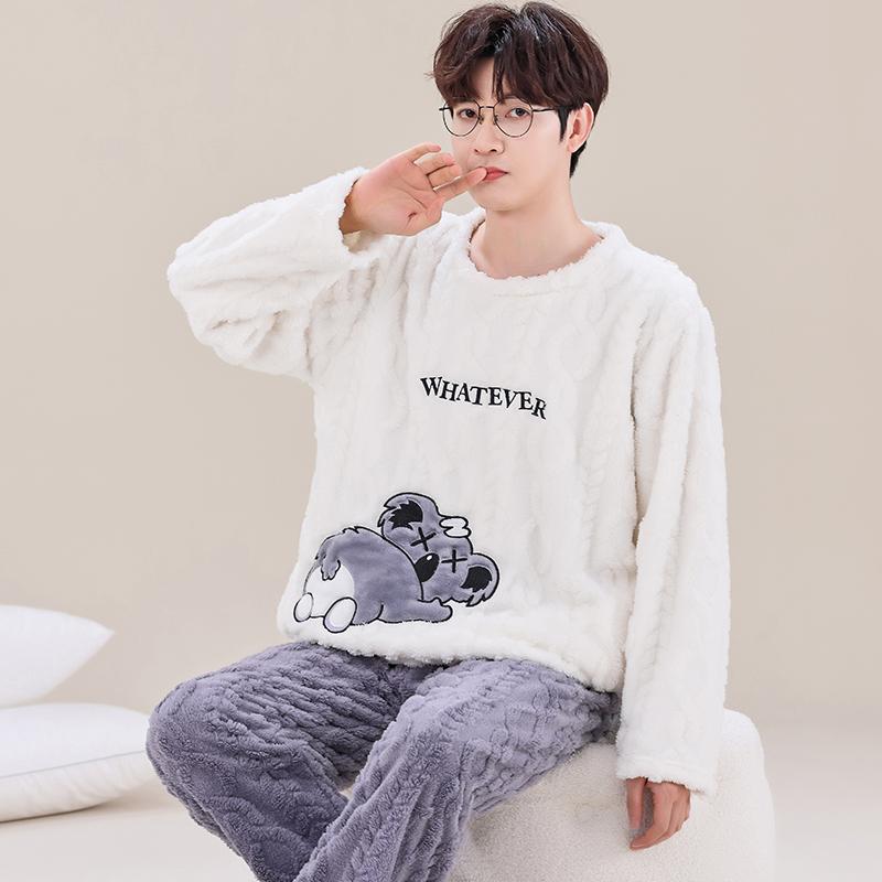 Men Winter Warm Flannel Pajama Set Long Sleeve Thick for Men Coral Velvet Cute Cartoon Sleepwear Suit Pyjamas Homewear Clothes
