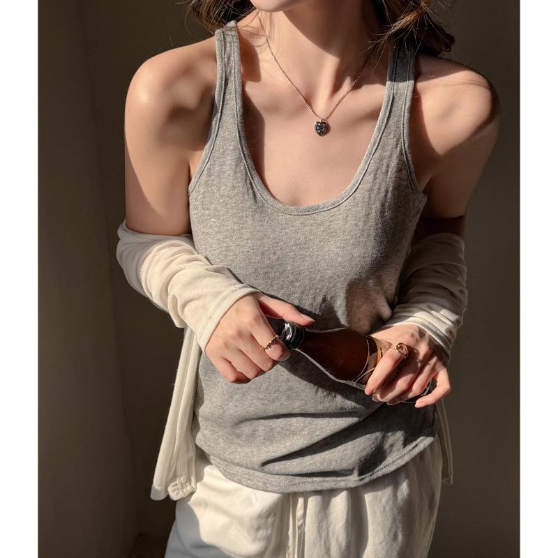 U-neck loose and loose design, bottom vest, women's inner sling, outer wear, lazy cotton sleeveless solid color top