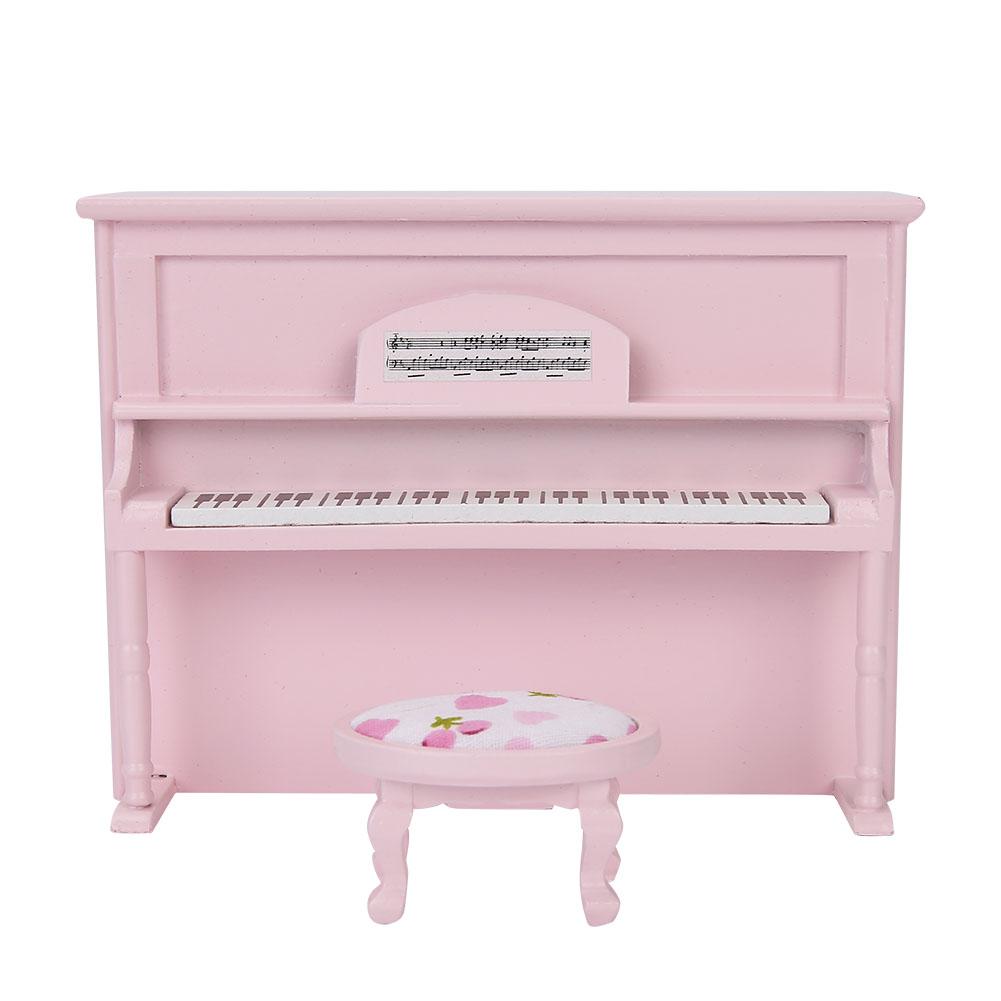 1:12 Doll House Accessories Mini Upright Piano Model Toy with Stool Simulation Furniture Pink