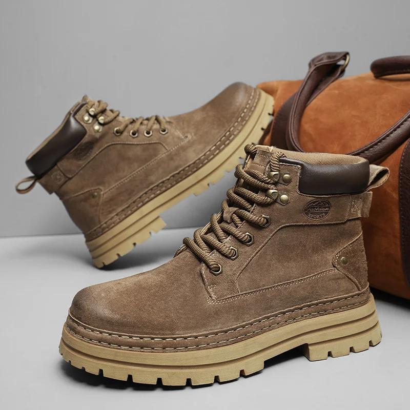 Men's Boots Warm Plush Fur Winter Shoes Man Suede Leather High Top Outdoor Fashion Sneakers Male Motorcycle Boots New Snow Shoes