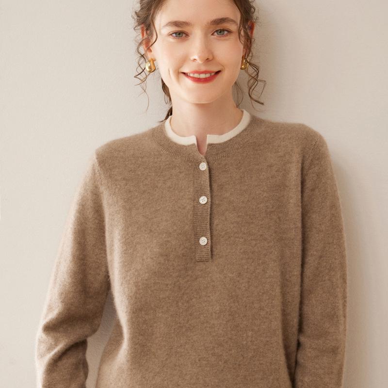 Women's Color Block Cashmere Sweater - Round Neck, Buttoned, Loose Fit, Long Sleeve Contrasting Knit for Autumn/Winter.