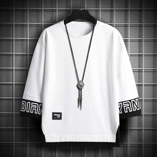 O-Neck 3/4 Sleeve Men Tops Letter Print Elastic Sweat Absorbing Breathable Hip Hop Style Fake Two Pieces T-shirt Streetwear