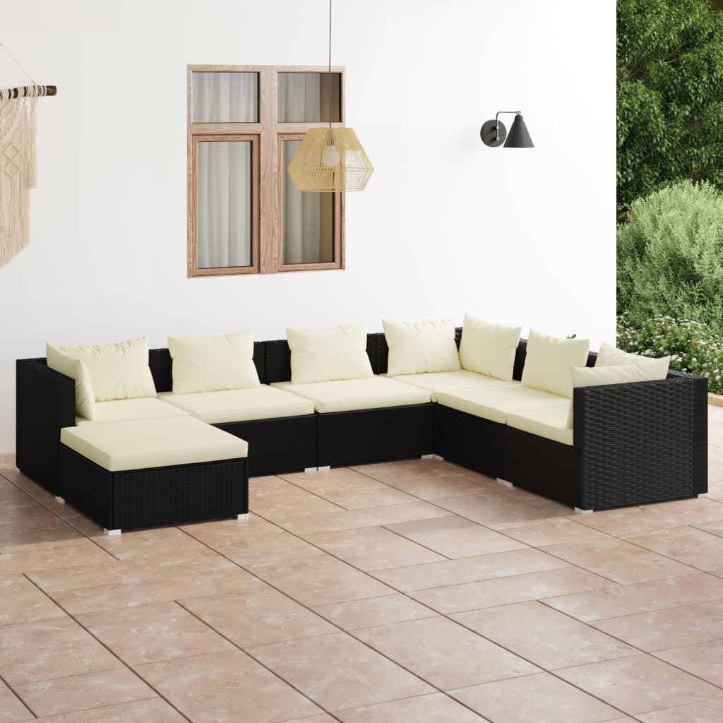 Vidaxl 7-Cz. Garden Lounge Set, Cushions, Black PE Rattan