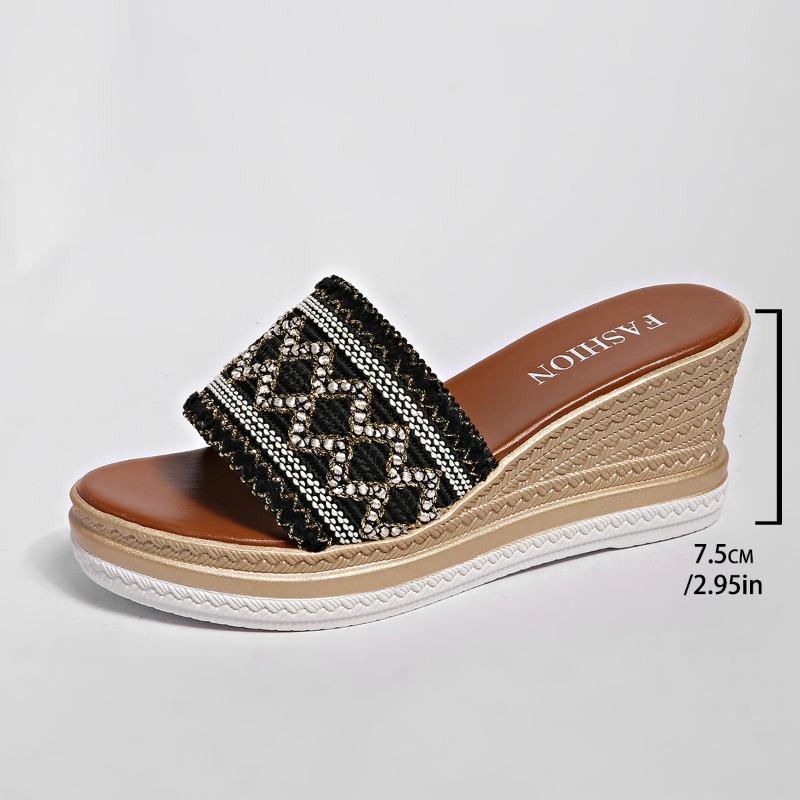 Summer New Flat-bottomed Slope Heel Cool Slippers Women's Muffin Thick-bottomed Colored Sequins Student One-word Slippers