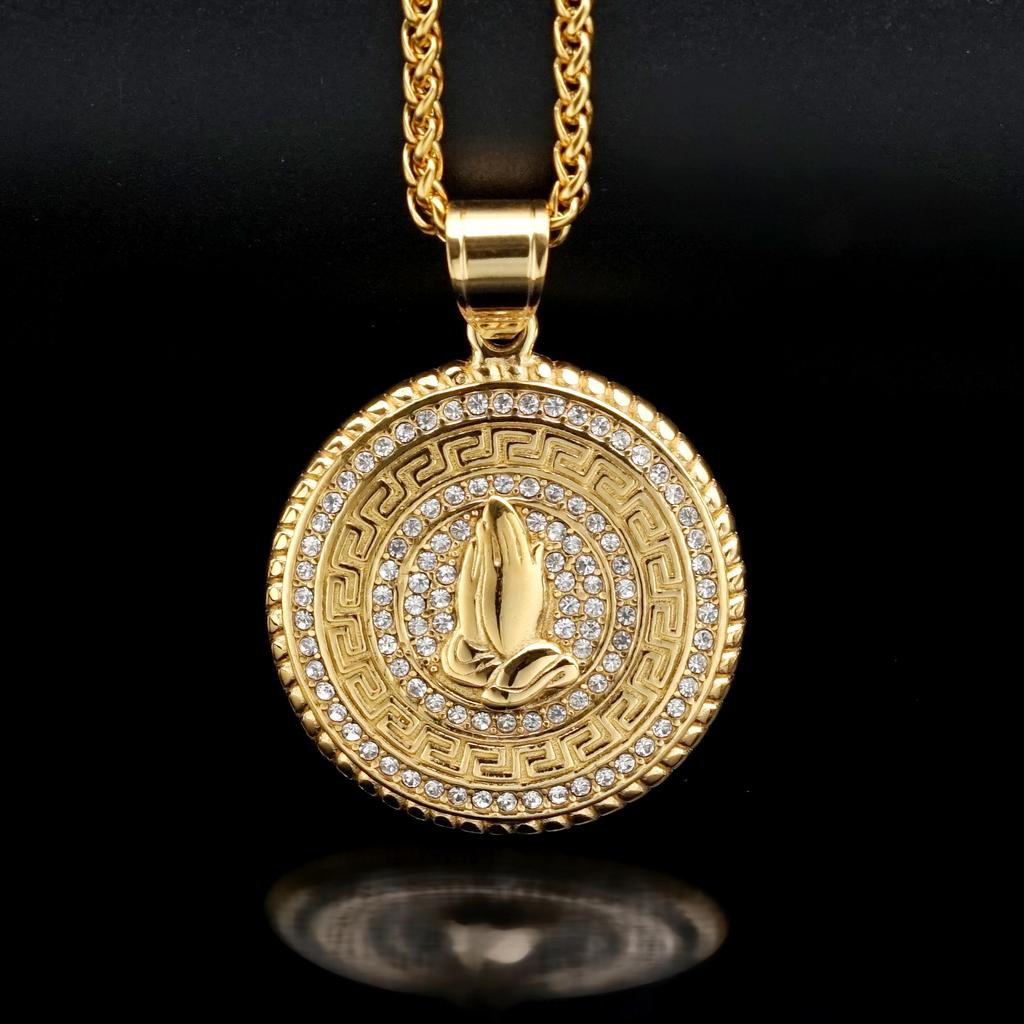 1pc Hip Hop Praying Hands Pendant Stainless Steel for Men Paved Rhinestone Gold Colour Necklace Jewelry