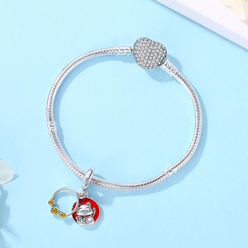 Original 925 Sterling Copper Charms Maneki Neko Lucky Fortune Cat Beads Pave CZ Fit Brand Bracelets Necklaces Women Zircon