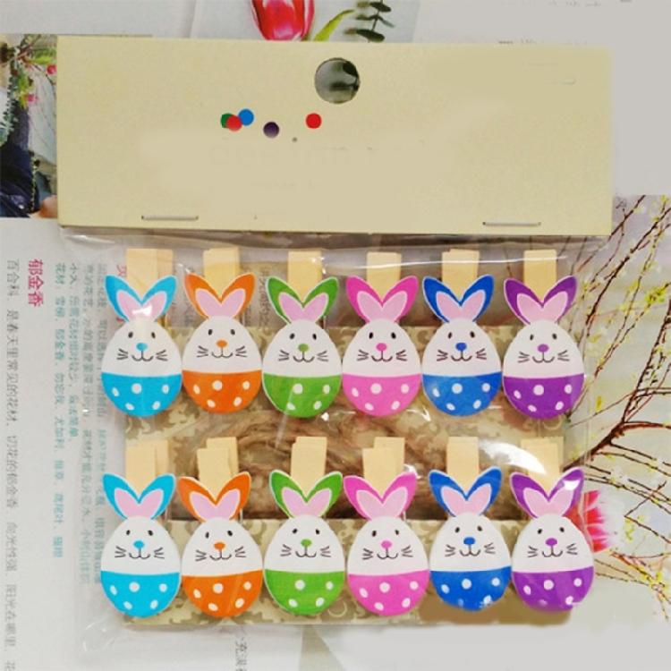 12Pieces Wood Peg Photo Clip with 1.5Yard Twine For Hanging and Picture Display Rabbit Photo Peg For Easter Decoration