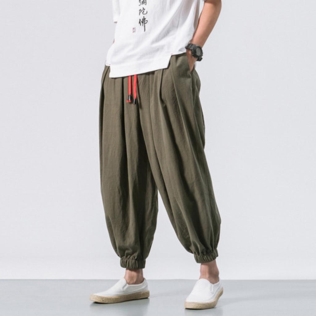 (Projector)Men's Fashion Cotton Linen Casual Pants Loose Wide Legs Elastic Leggings