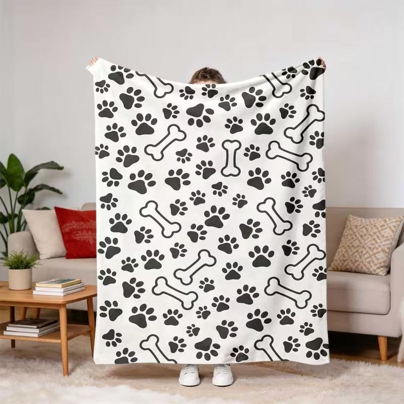 Black Paw Print Bone Pattern Blanket Dog Paw Bone Soft Cozy Blanket for Sofa Bed Warm Decor Blanket