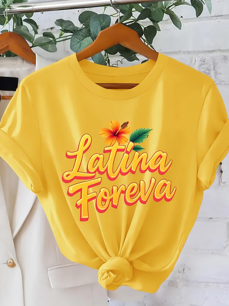 Latina Foreva Text Printed Womens Tshirt American Retro Outdoor Style Round Neck Short Sleeved Casual Top