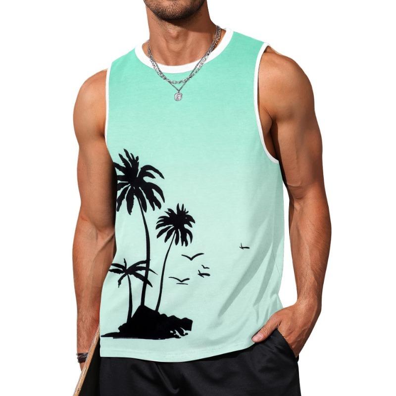 Muscle Man 3D Digital Printed Pattern Tank Top Sleeveless Beach Hawaiian Coconut Tree Tank Top Clothes