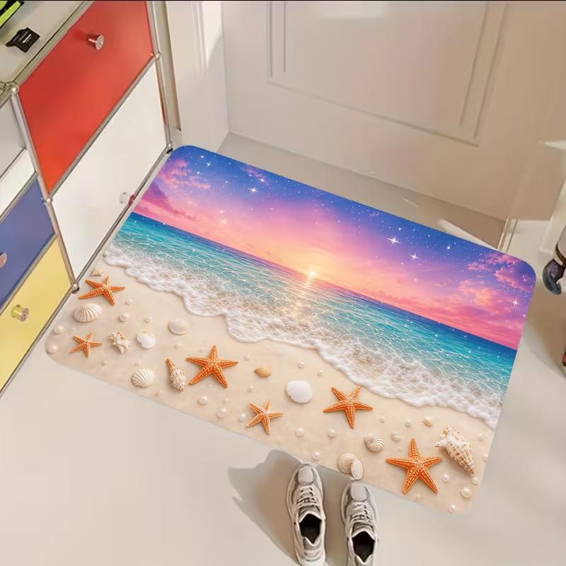 Tropical Blue Beach Sea Wave Starfish Conch Coral Doormat Summer Ocean Print Soft Entrance Rug Indoor Outdoor Carpet