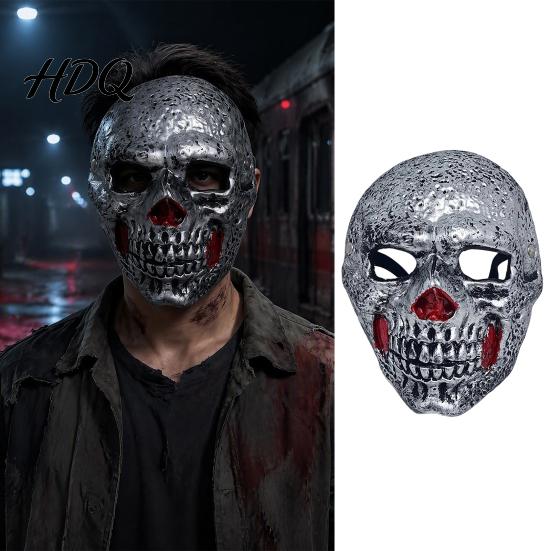 Flexible Face Contour Mask Retro Distressed Silver Skull for Halloween, PU Foam Horror Scary Secret Room Props with Adjustable Elastic Band,