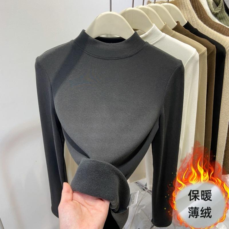 A thin velvet warm small stand-up collar bottoming shirt for women's autumn and winter simple slim and thin long-sleeved shirt