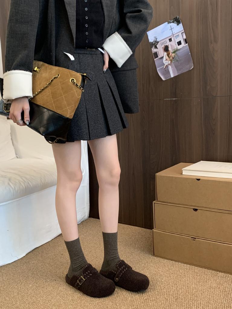 2025 New Korean Version Round Head Belt Buckle Thick-soled Woven Outer Wear Boken Bag Head Lazy Outer Wear Women's Shoes