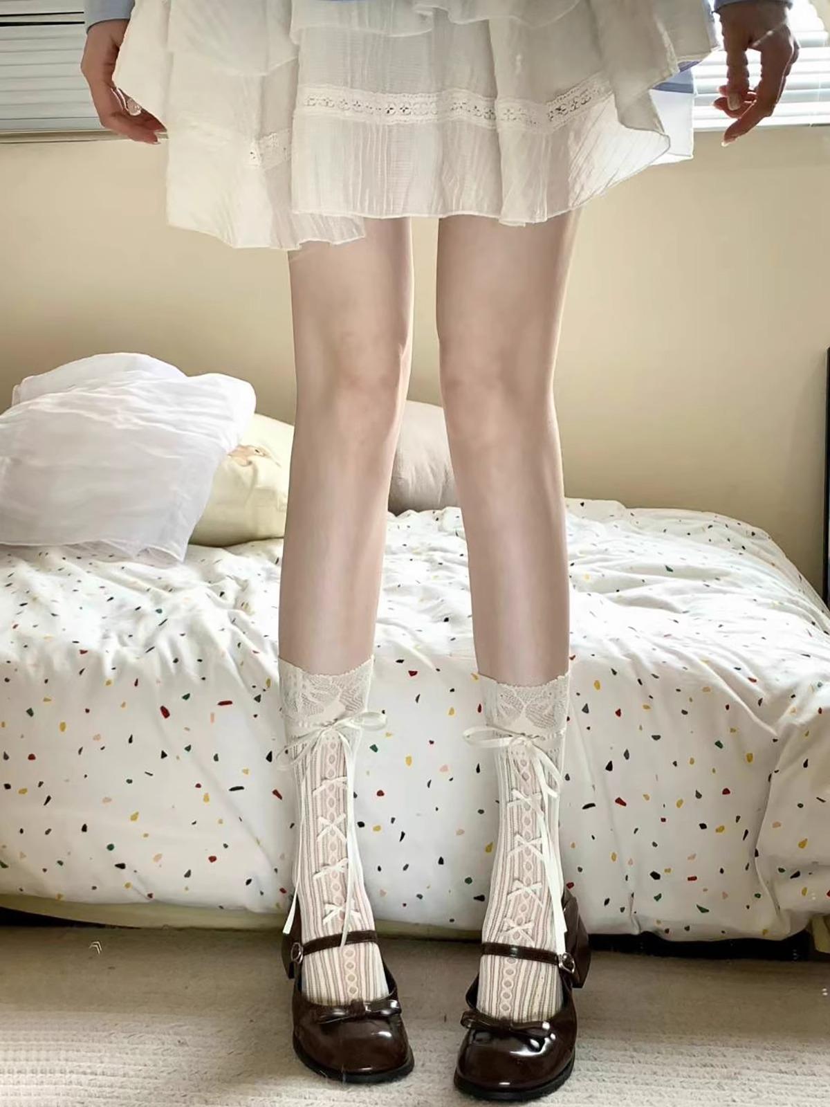 

Сладкие балетные носки для девочек с кружевом и бантом из ленты – Белые в сетку One Size белый