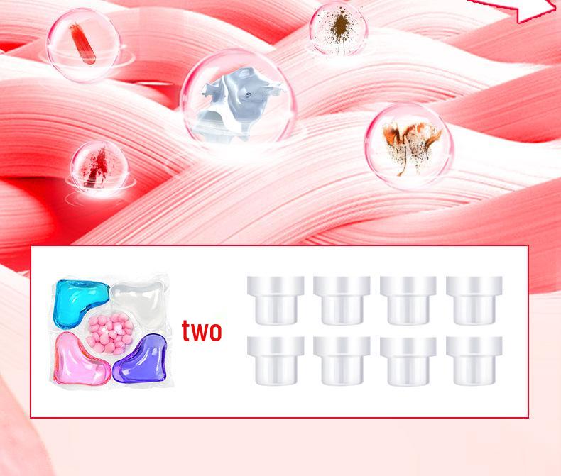 100-piece pack of five-in-one laundry pods with fragrance, softening, stain removal, and five-chamber design.