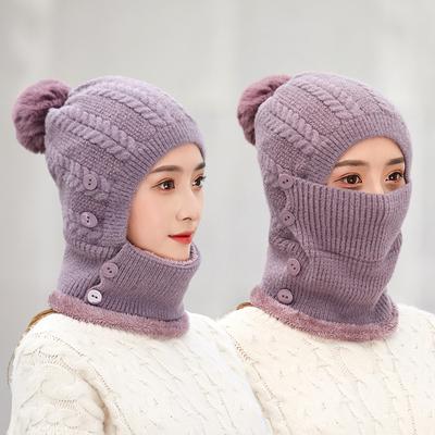 Cappello invernale da donna, tutto in uno, caldo, sciarpa lavorata a maglia, cappello da ciclismo all'aperto, foderato in pile, in lana