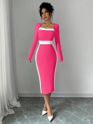 Dámské barevně blokované sešité bodycon midi šaty 2024 - Sexy styl s dlouhým rukávem