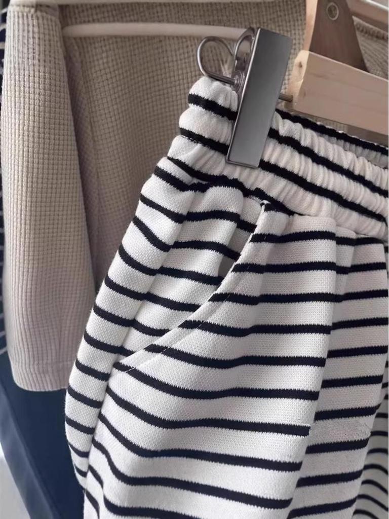 Korean Style High Waist Striped Women's Summer Sports Shorts - Casual Loose Wide Leg Mid-Length Hot Pants